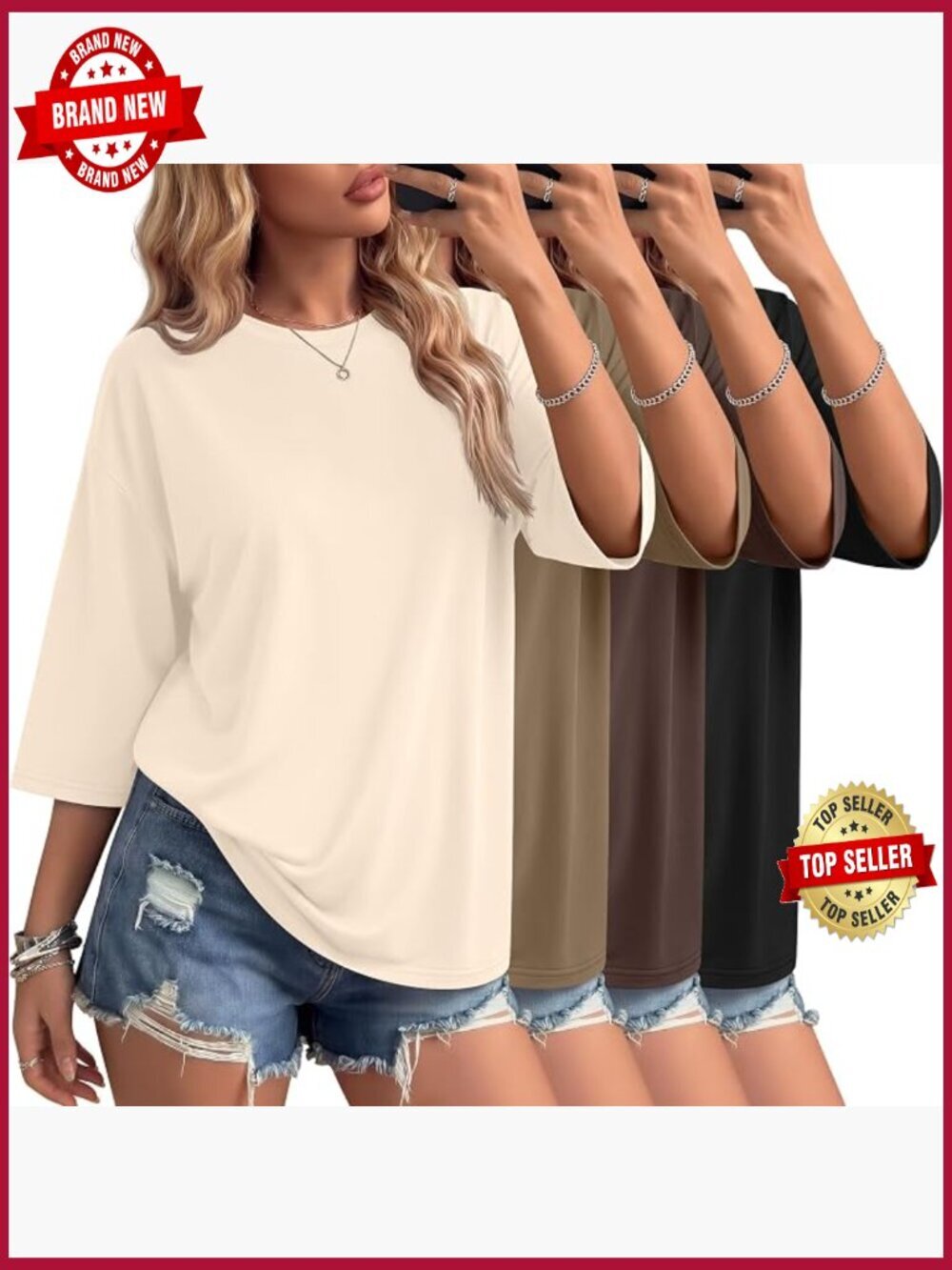 4 Pack Women's Oversized T Shirts Cotton 3/4 Sleeve Crewneck Loose Fit Tees